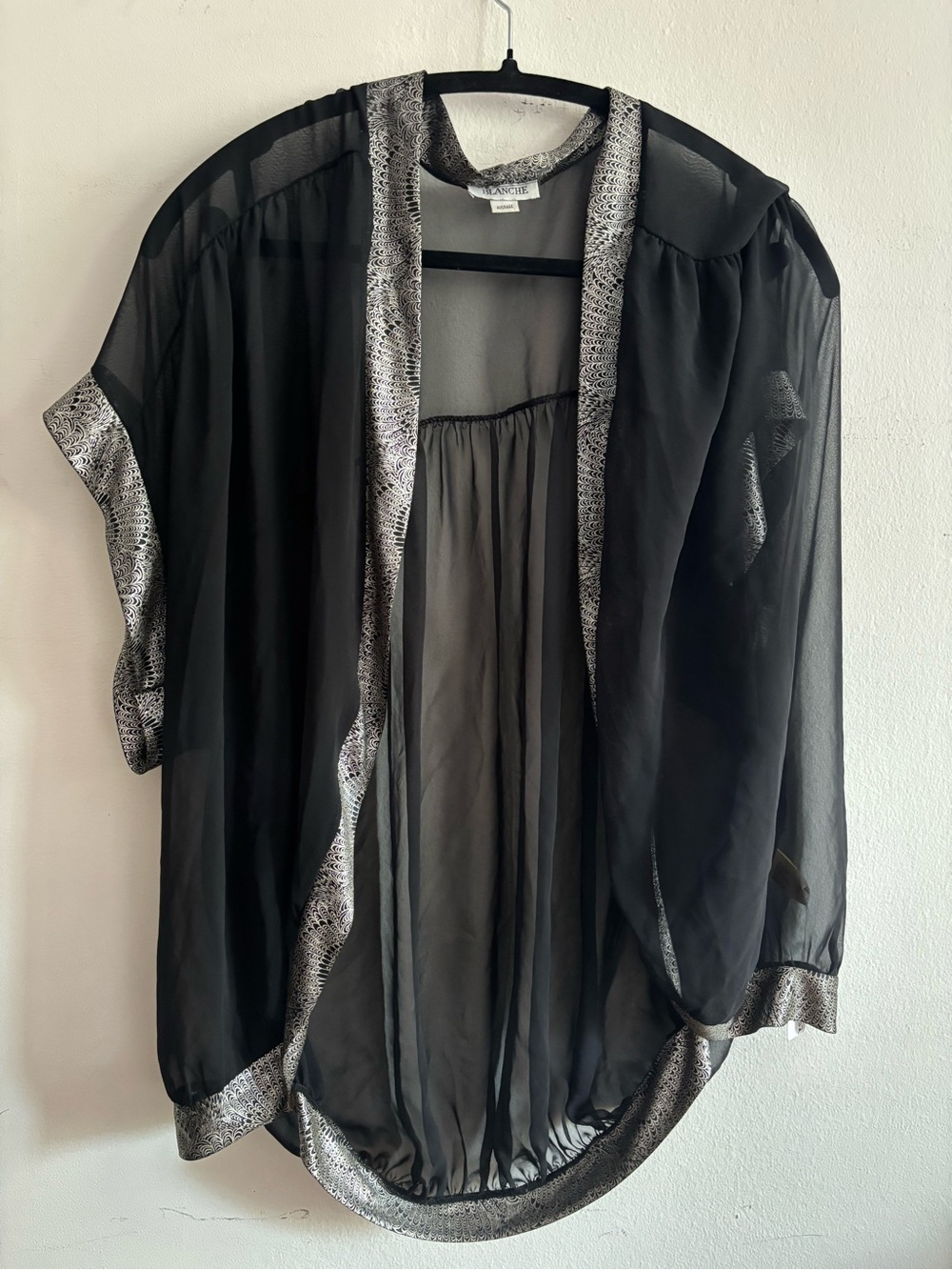 Blanche Sheer Black Kimono Cardigan with Silver Trim - Vintage Chic